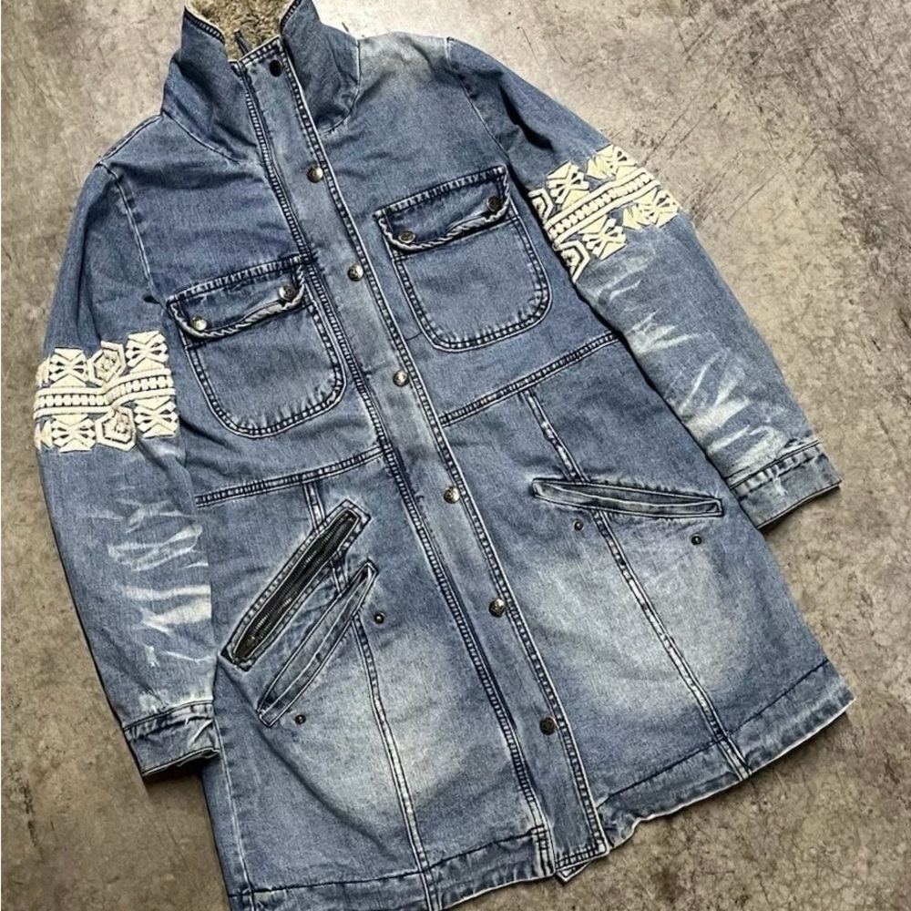 RARE Free People Rendered Denim Sherpa Coat Jacket size XS